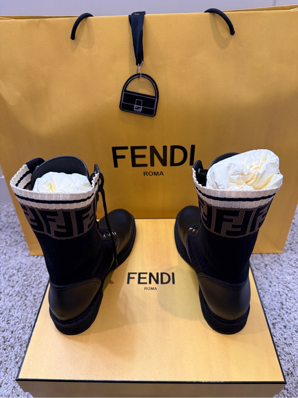 Auth Fendi Rockoko Leather & Knit Combat Boots BRAND NEW!